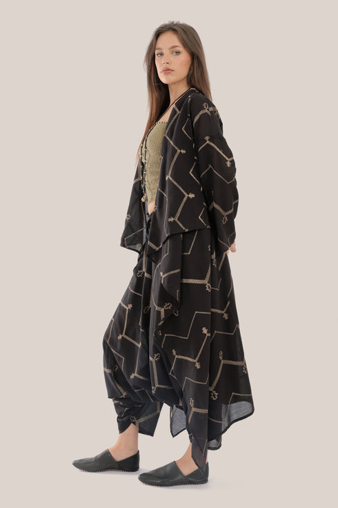 Embroidered long abaya style loose fit coat